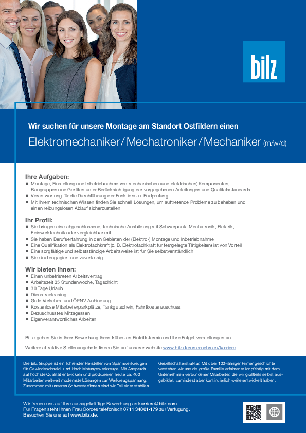 Bilz Stellenanzeige Elektromechaniker Mechatroniker Mechaniker