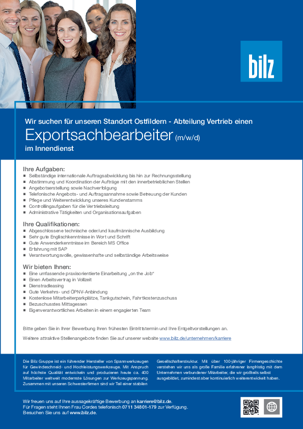 Stellenanzeite Bilz Exportsachbearbeiter